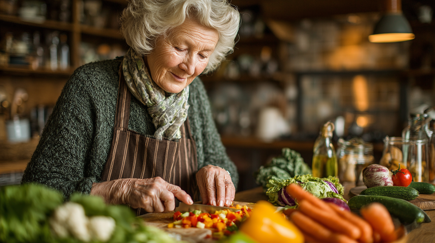 Persoană în vârstă pregătind o masă sănătoasă într-o bucătărie modernă, concentrată și fericită